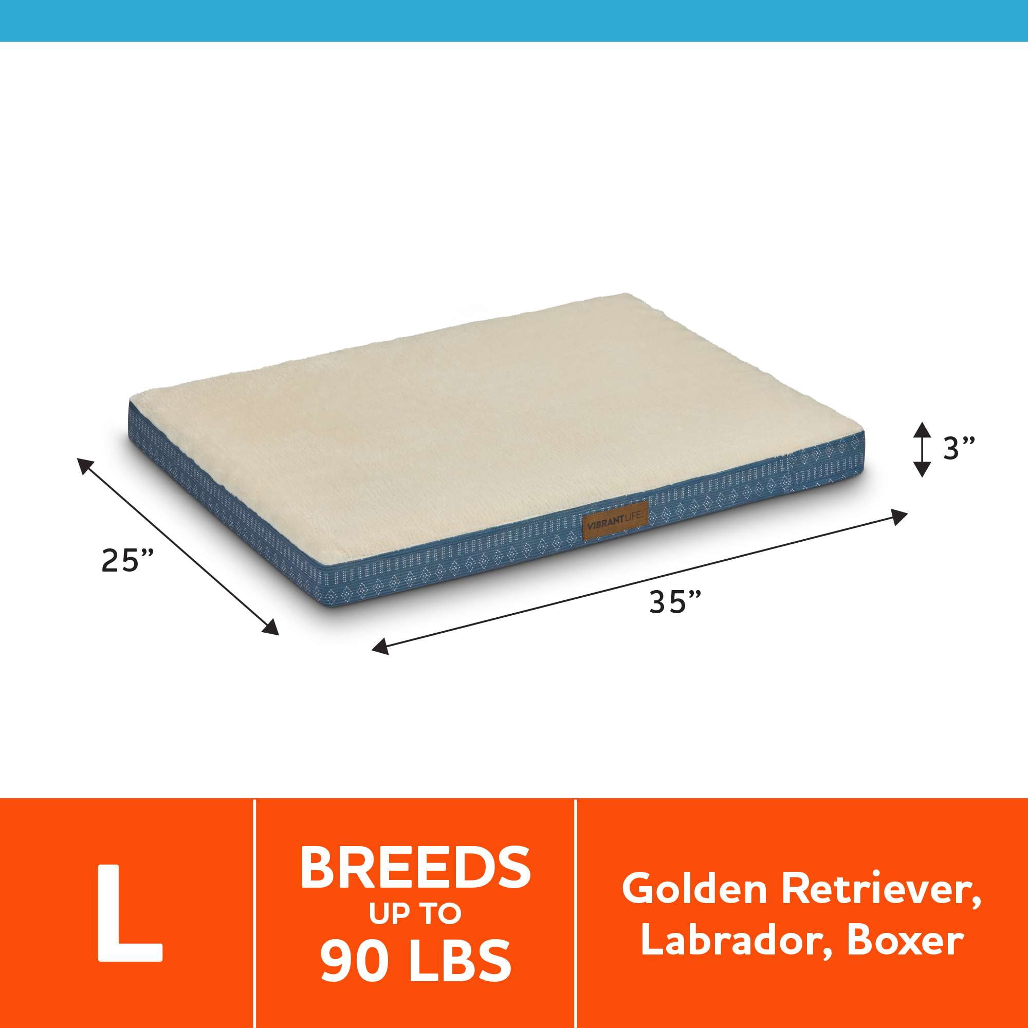Vibrant Life Large Orthopedic Foam Dog Bed for Large Breeds, Large, 35" x 25", Blue