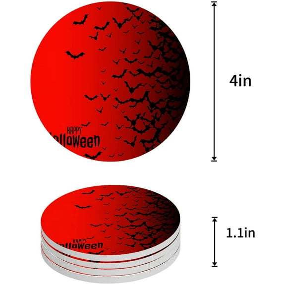 FMSHPON Halloween Bat Red Black Gradient Set of 4 Round Coaster for Drinks, Absorbent Ceramic Stone Coasters Cup Mat with Cork Base for Home Kitchen Room Coffee Table Bar Decor