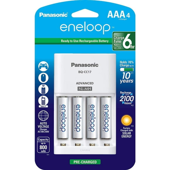 Panasonic Eneloop Lot de 4 chargeurs de batterie avec piles rechargeables AAA eneloop AAA 2100 cycles (Paquet de 4) Puissance constante