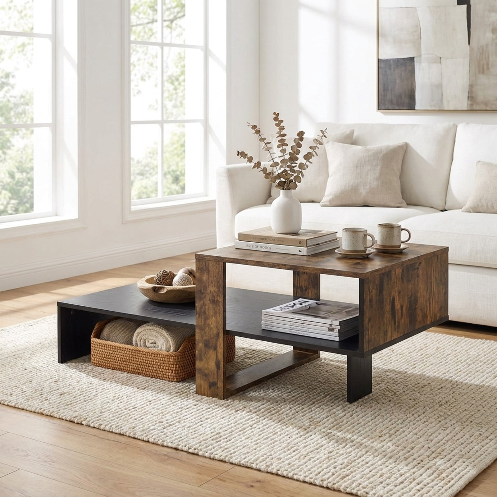 Furnibear 2 Tier Modern Irregular Coffee Table with Open Storage Shelf and Geometric Silhouette for Living Room for Home and Living Space, Black