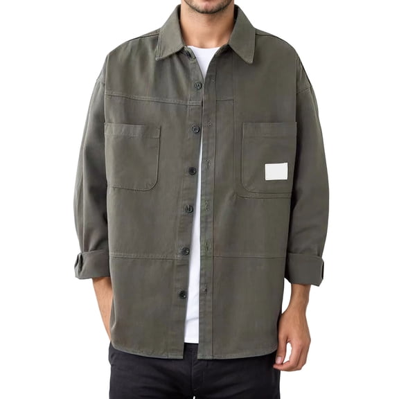 Ulitacool Shirts For Men Long Sleeve Tops Heavy Duty Work Shirt Solid Color Loose Fit Shacket Open Front Jacket Top Outdoor Daily Wear Button Down Clouse Basic Clothes M Green