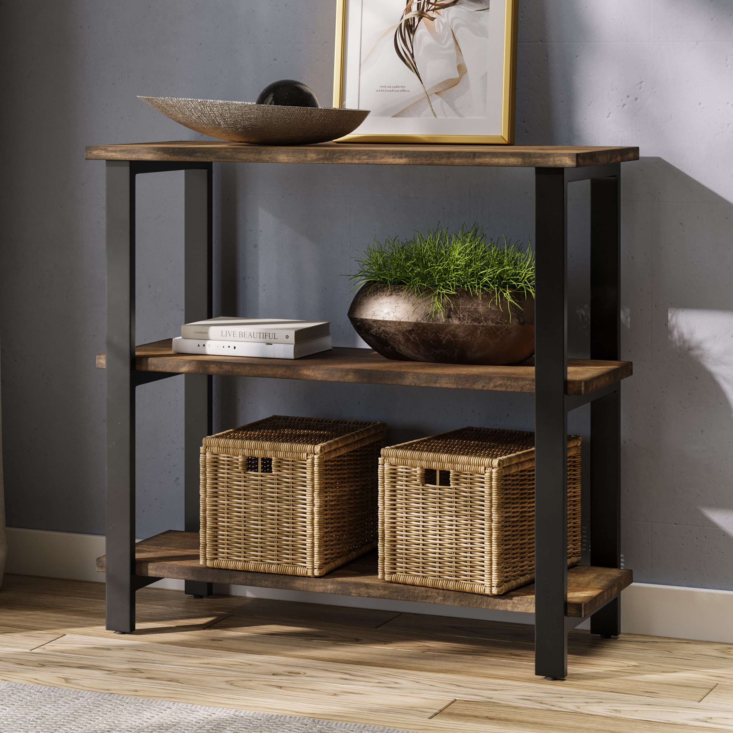 Alaterre Furniture Pomona 31"H 2-Shelf Metal and Solid Wood Under-Window Bookcase