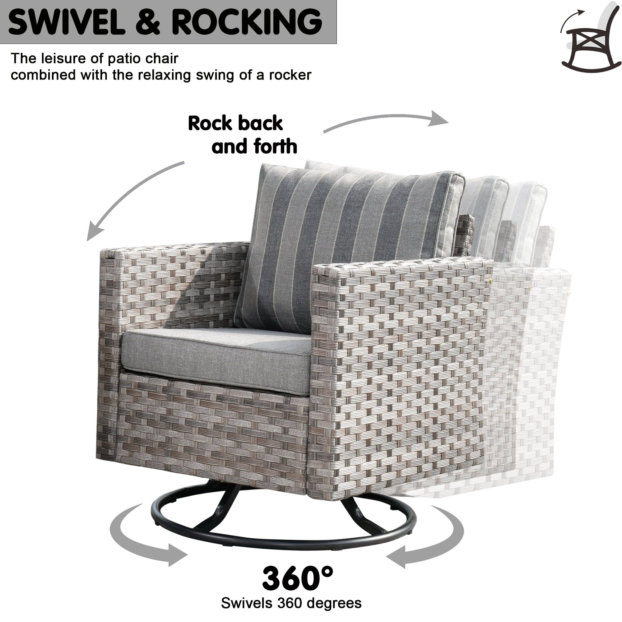 Ovios Outdoor 2 Wicker Swivel Chair with Cushions, Gray