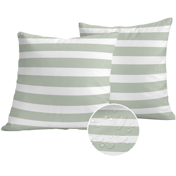 Sage Green Stripe Outdoor Pillow Covers 18x18 Set of 2,Waterproof Patio Throw Pillowcase Protectors,Modern Simple Geometric White Striped Decorative Pillow Shams Cushion Covers for Seat Bed Couch