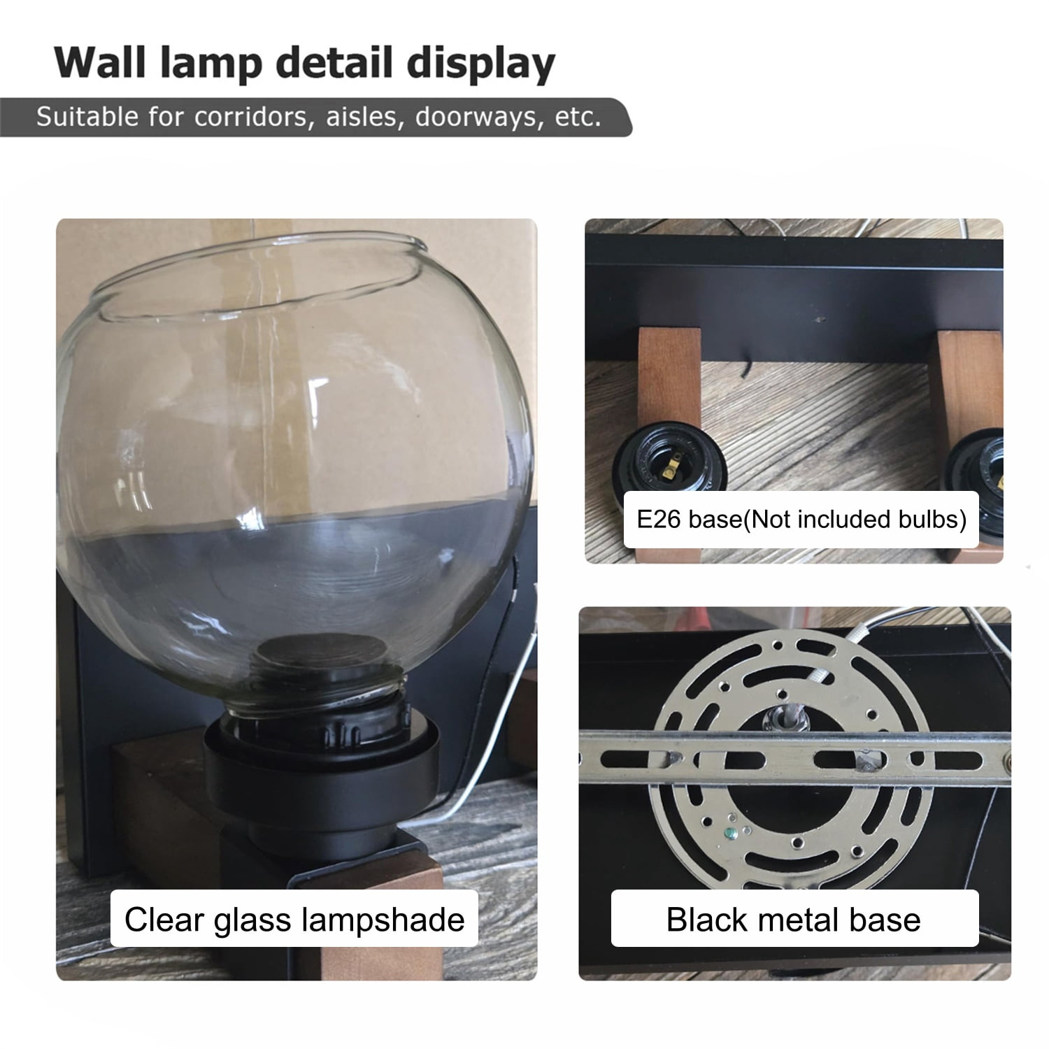 3-Light Wooden Bathroom Vanity Light with Clear Globe Glass Shade over Mirror for Bathroom Bedroom Living Room Cabinet