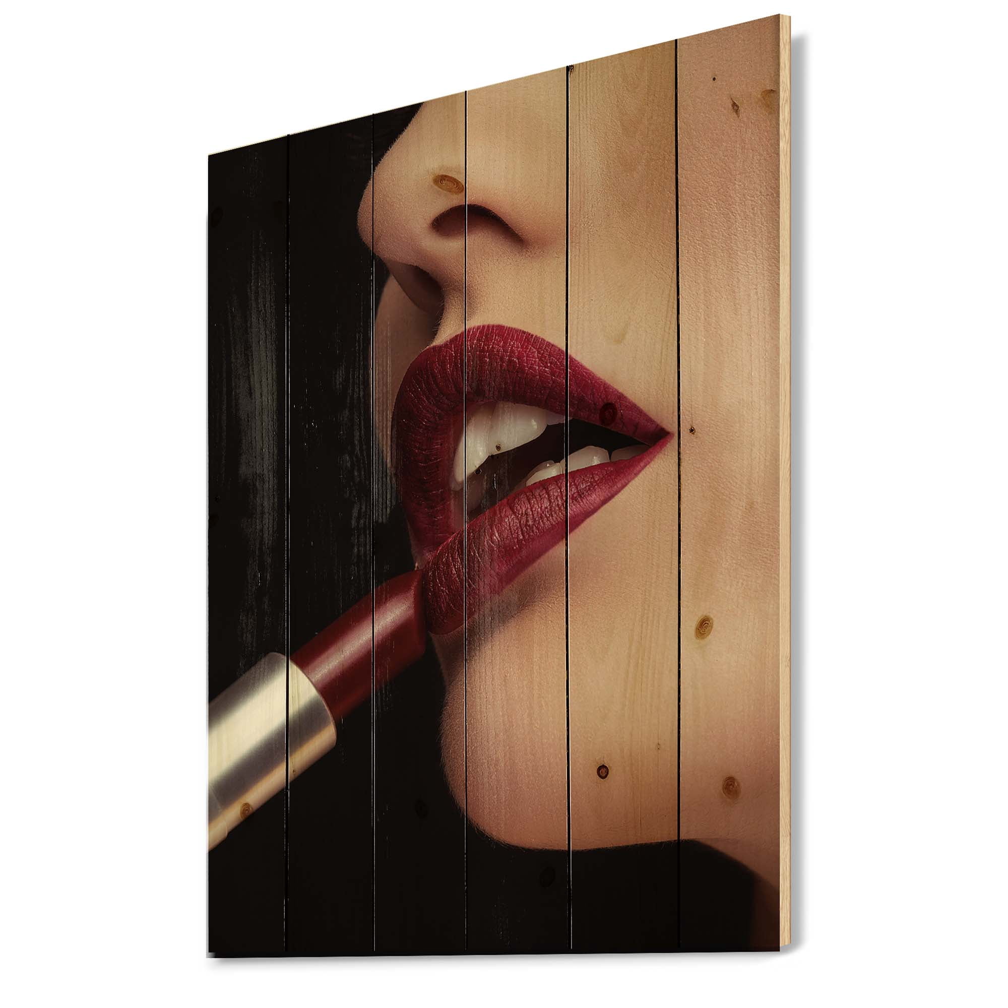 Designart 'Woman Applying Red Lipstick On Lips I' Modern Print on Natural Pine Wood