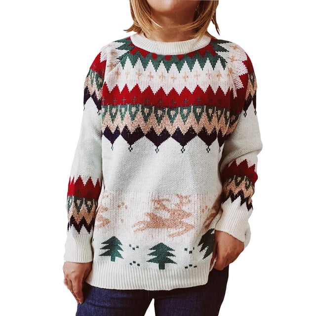 IROINID Chandail à Col Rond pour Femmes Imprimé Décontracté Mi-Long Manches Longues Hiver Noël Ample