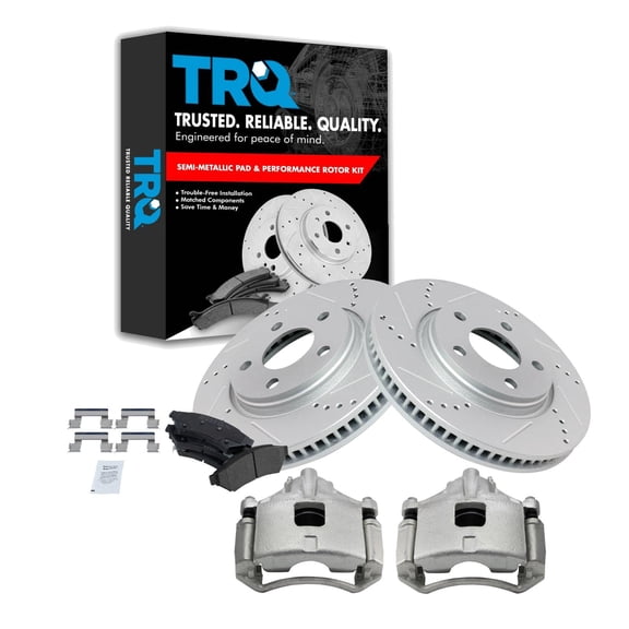 TRQ Front Performance Brake Pad & Rotor Kit Brake Caliper Brake Pads Brake Rotors Set Semi-Metallic Vented Premium G-Coated Fits Select 2005 Pontiac Montana