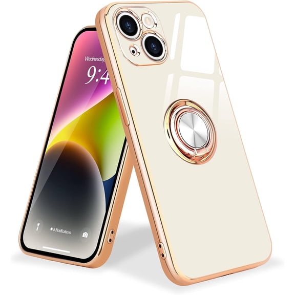 Compatible with iPhone 14 Case Ring Holder for Women Girls, Finger Rotating Kickstand Magnetic Car Stand Soft Bumper Cover, Shockproof Phone Case for iPhone 14 6.1 inch, White