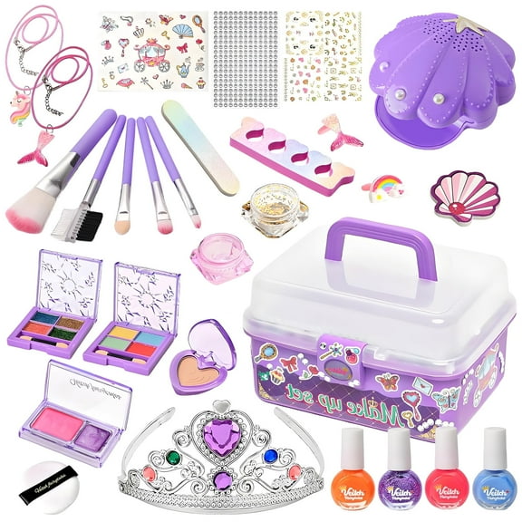 TiokMc Kids 2-in-1 Makeup & Nail Polish Kit for Girls with Nail Dryer, Princess Crown, Jewelry & DIY Stickers – Washable Cosmetic Set Birthday Gift, Ages 3-8, Purple