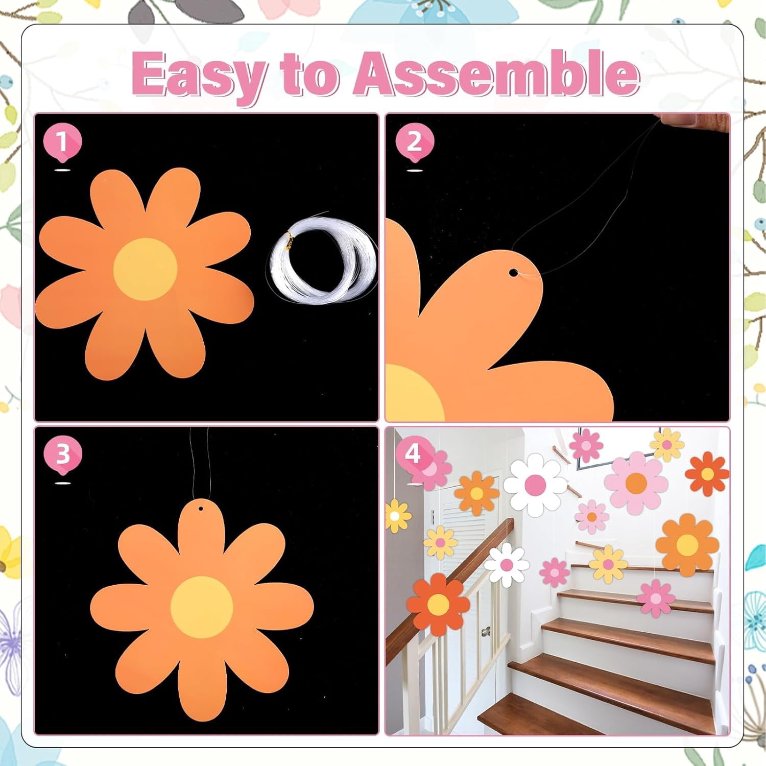 24 Pcs Daisy Party Banners Decoration Groovy Hanging Garland Colorful Flowers Paper Cutouts Hippie for Spring Birthday Shower Wedding Parties Favor Supplies