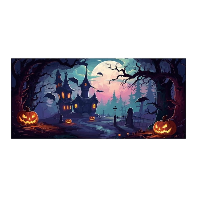 Halloween Theme Fabric Logo Poster Banner Background Hanging Pumpkin Bat Moon For Halloween Background Party Decoration Table Runners 72 Inches Long Wall Flags for Girls Room Flag Picture Leopard