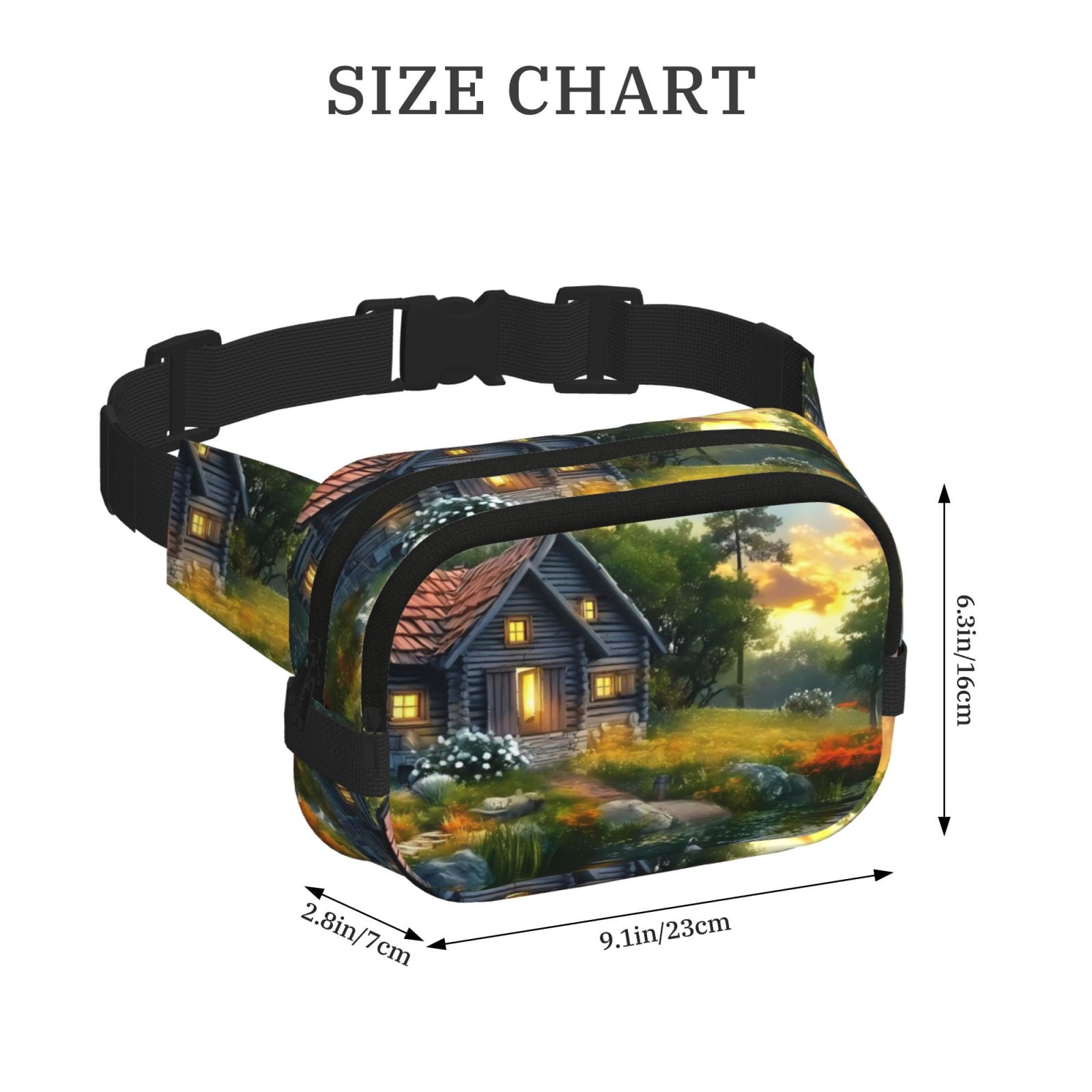 Picia Cozy Cottage Lakeside Sunset Print Square Double-Layer Waist Bag Mini Adjustable Waist Belt Bag Exercise Running Travel Hiking