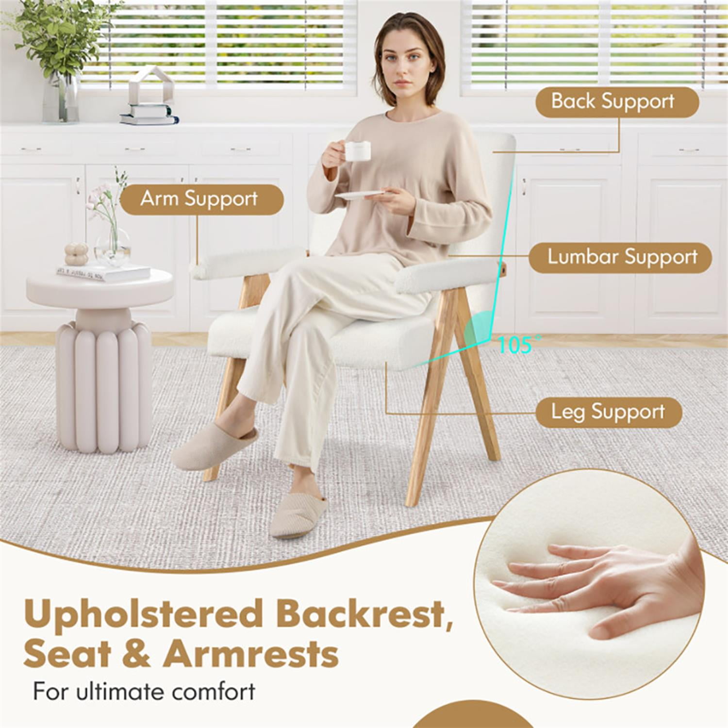 Demi Bonn Modern Accent Chair, Elegant Armchair with Rubber Wood Frame and Padded Armrests, Suitable for Living Room Bedroom Reception Room Office, White