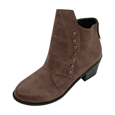 

jsaierl Women s Shoes Fashion Minimalistic Solid Color Side Zipper Low Tube Round Head Thick Heel Rivets Short Boots