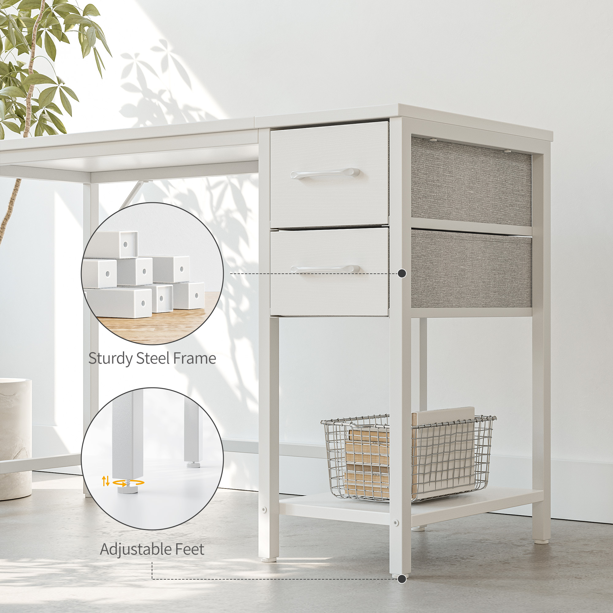 Banti 40" Modern Computer Desk with Drawers and Shelf, Reversible Storage, Small Study Table for Home Office, Bedroom or Dorm, White