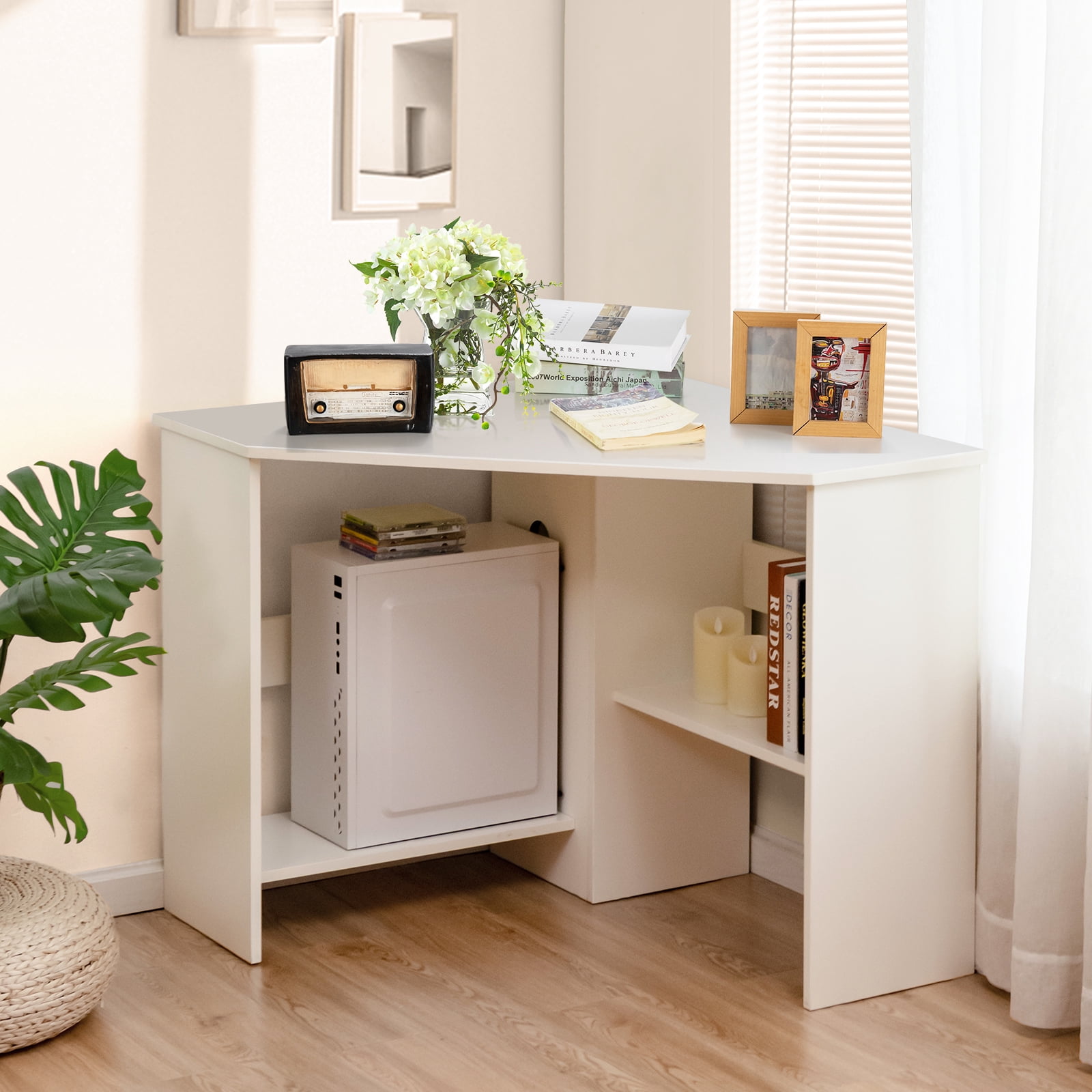 Costway Space-Saving Corner Computer Desk with 2 Cable Management Holes & CPU Stand White