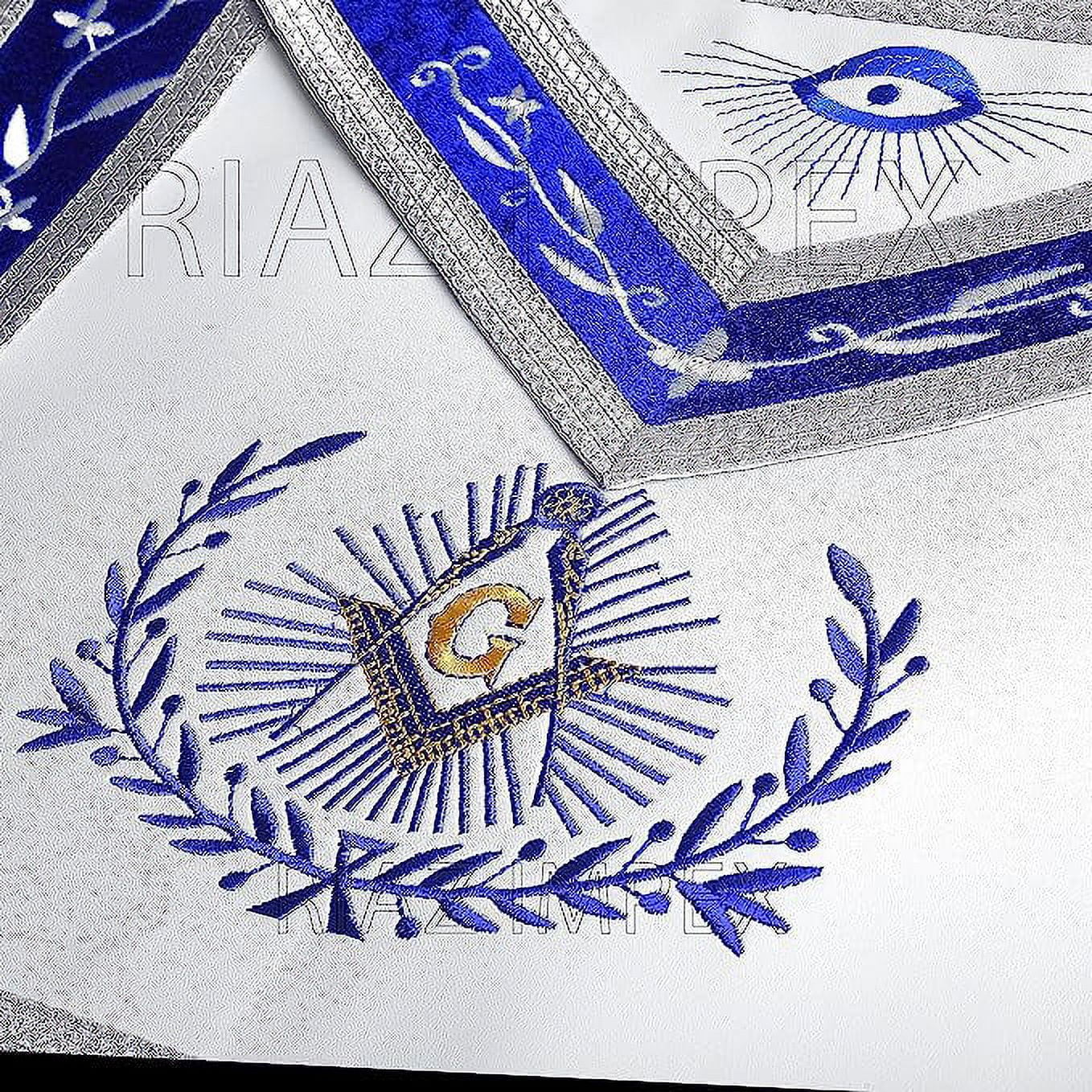 Masonic Master Mason Embroidered Apron Blue Border With White Faux Leather Interior