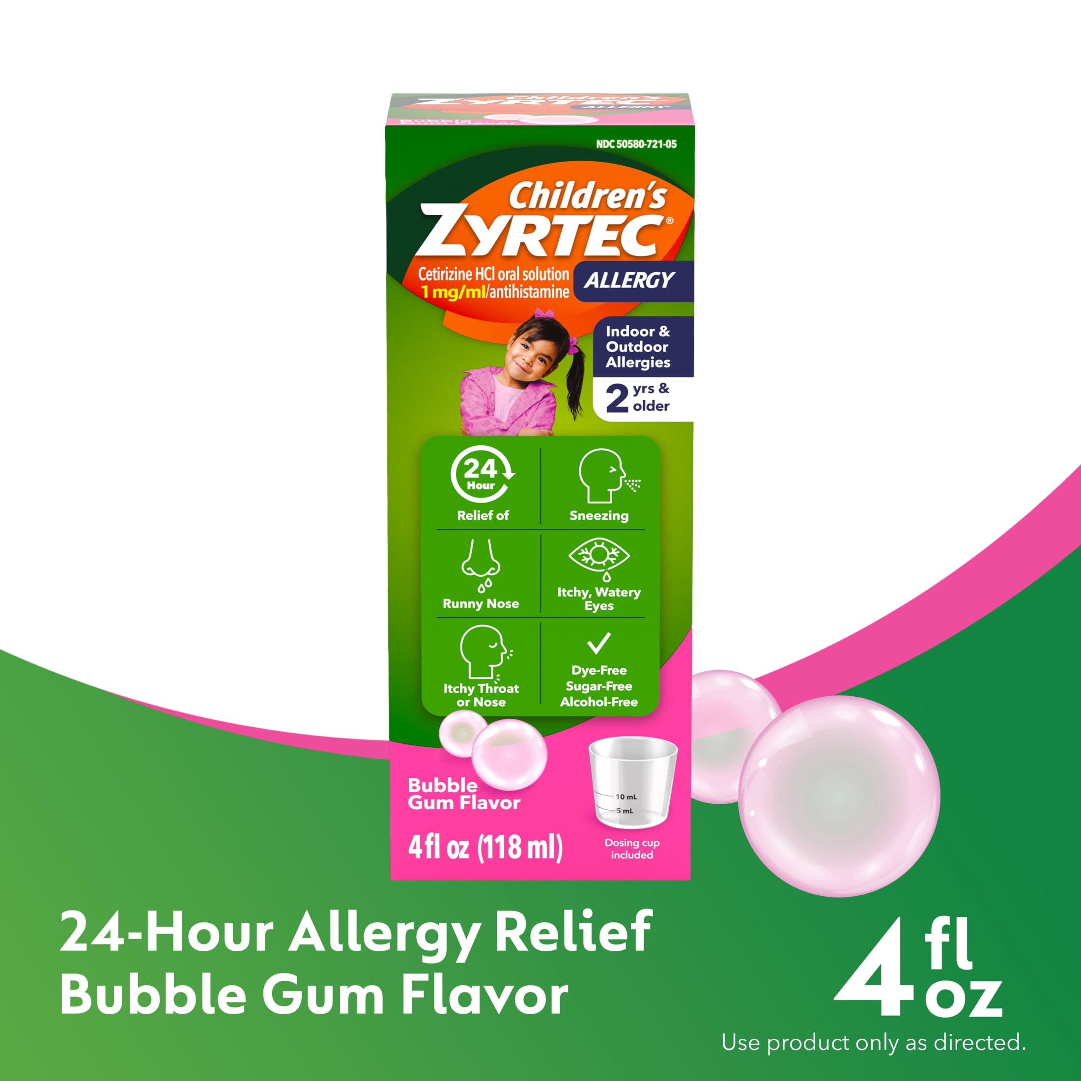 (2 pack) Children's Zyrtec Liquid Allergy Syrup, Free of Dyes, Sugar, Alcohol, Bubble Gum Flavor, 4 fl. oz
