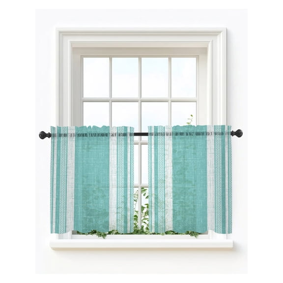 Vintage Turquoise Striped Tier Curtains 24 Inch Length,Sheer Curtains for Bedroom Living Room Farmhouse Modern Stripes Boho Texture Short Kitchen Curtains for Small Half Window 27.5"x24" 2 Panels
