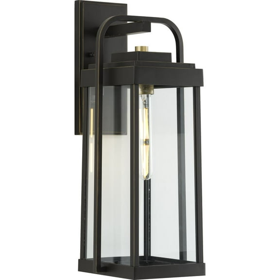 Walcott Collection One-Light Antique Bronze with Brasstone Accents Clear Glass Transitional Outdoor Wall Lantern Light