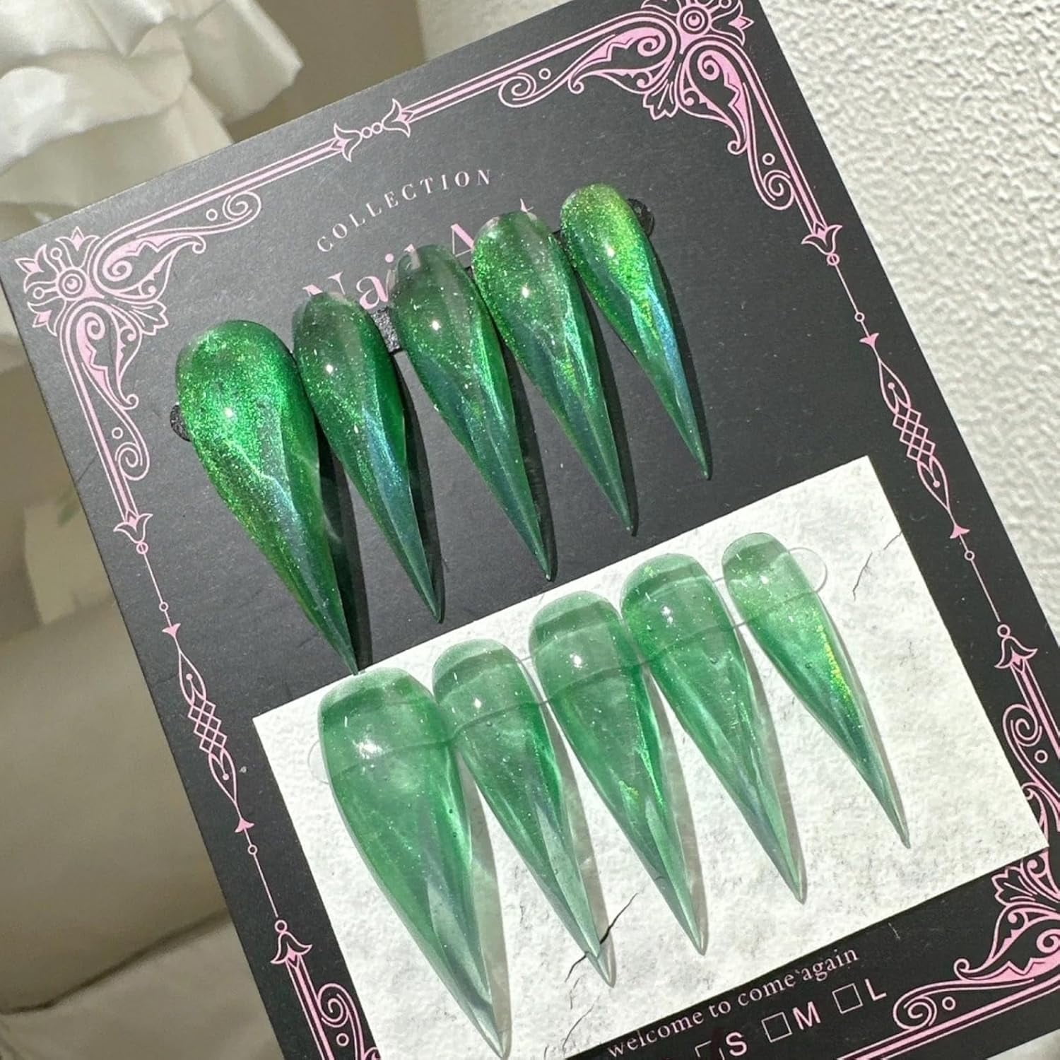 Halloween Press on Nails Green Long Cat Eye Curved Stiletto Handmade Design Stick on Nails Thick Fake Nail Dragon Cat Claw Acrylic Glue on Nail