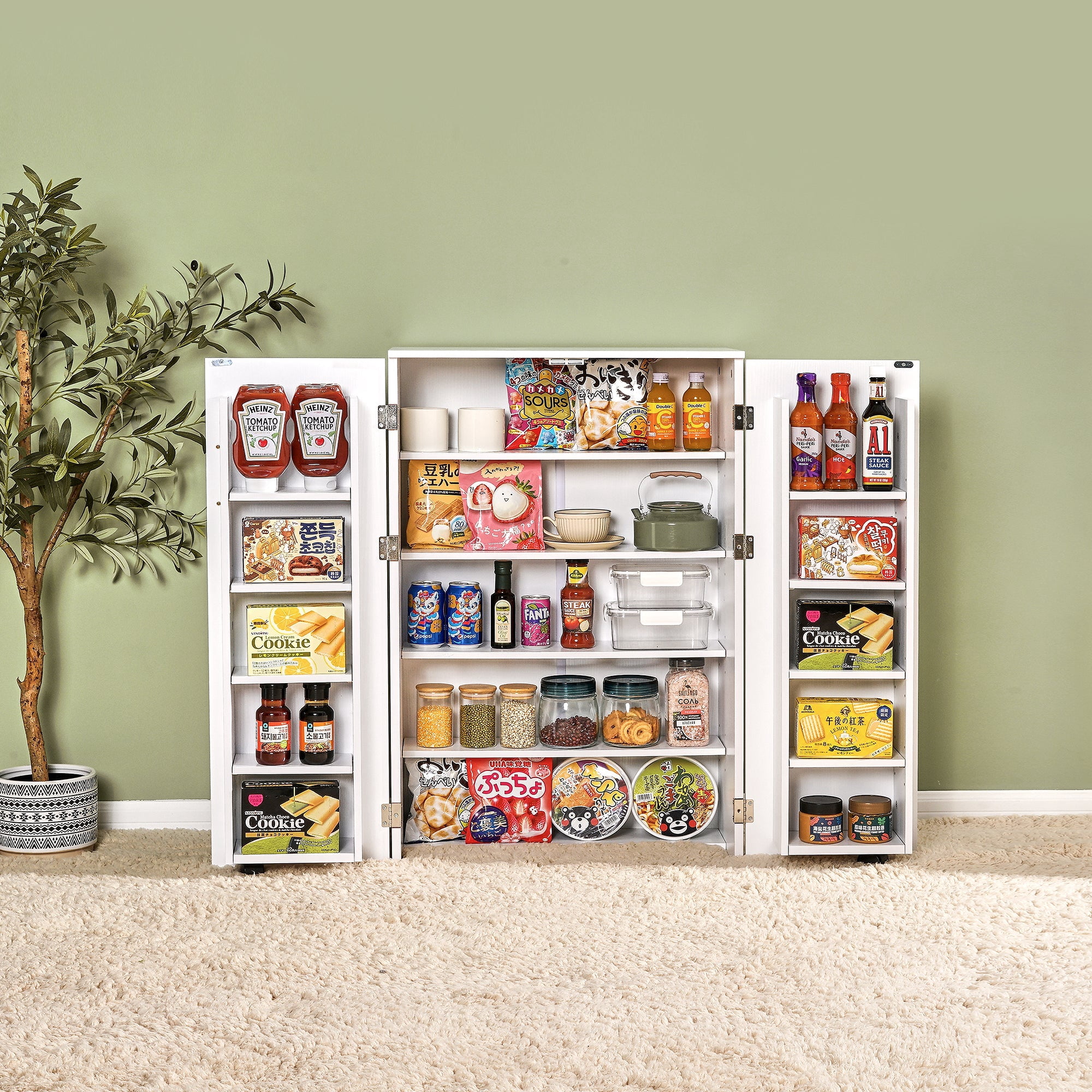 VECELO Kitchen Pantry Cabinets, Food Storage Cabinet with 2 Doors & Adjustable Shelves, Freestanding Small Cupboard for Living Room, Dining Room, Home Office, White