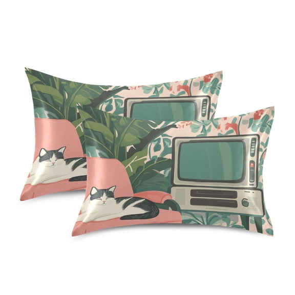 Yayeee Pillowcase Standard Size Set of 2 Satin Wrinkle Resistant Pillow Case, Pink and White Cat