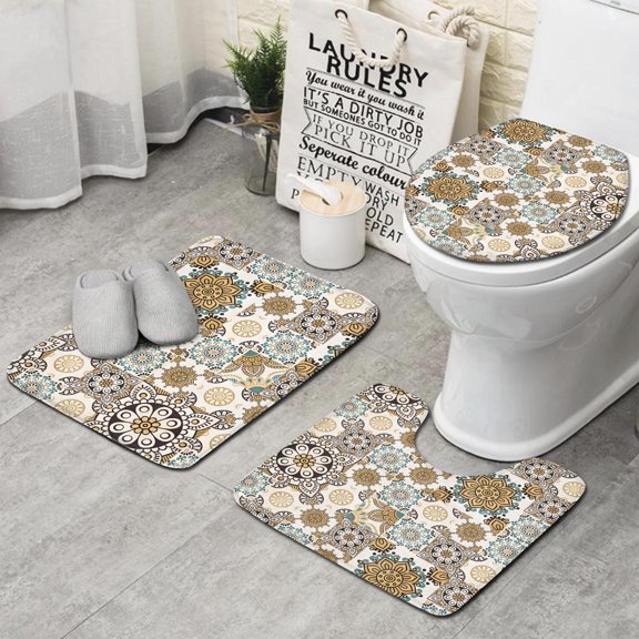 Brown Ethnic Floral and Mandala Pattern Bathroom Rugs Sets 3 Piece,Toilet Cover Set,Absorbent Non Slip Bathroom Mats Sets with U-Shaped Contour Rug Toilet Rug Set