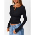 thumbnail image 5 of Women's Long Sleeve Shirts Henley Casual Fall Outfits Fitted Tops Ribbed Fashion Basic Tees Black L, 5 of 8