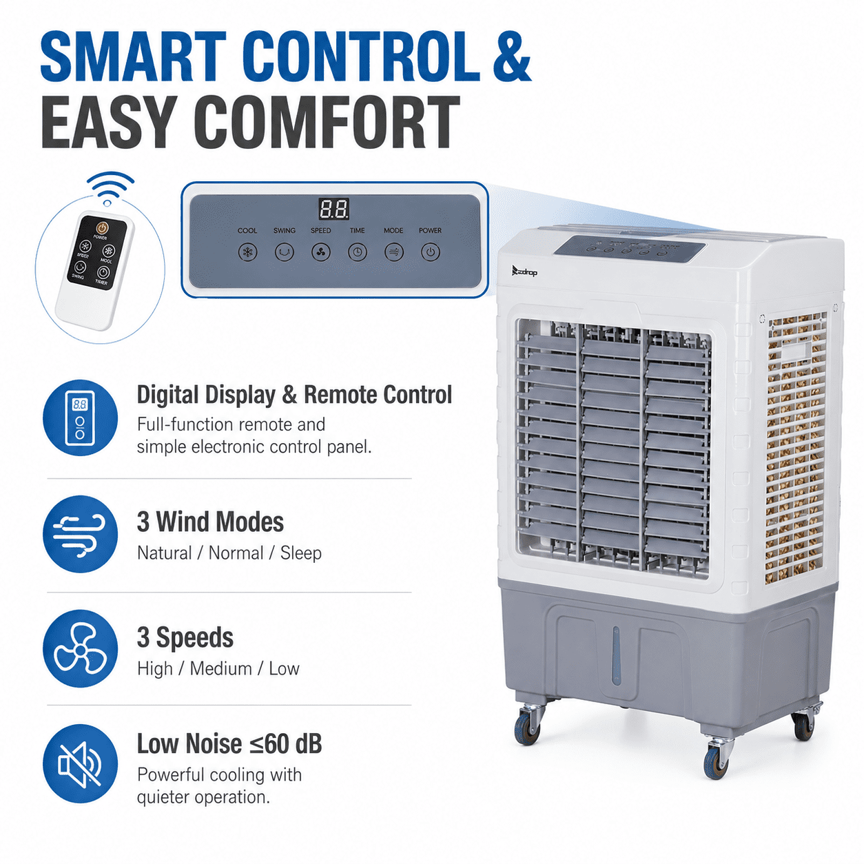 Alvantor 3 in 1 Portable Evaporative Air Cooler, 2647 CFM Swamp Cooler with Remote, 10.57 Gal Tank, 90°Oscillation, Gray and White