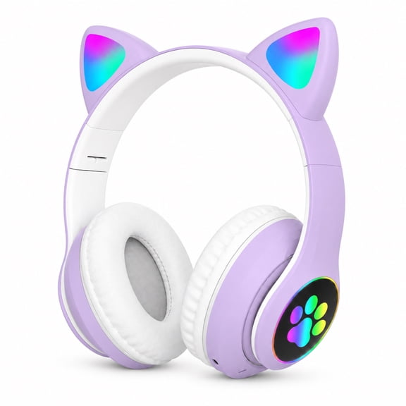 LUEYL Cat Ear Bluetooth Headphones for Kids, LED Lights, Built-in Mic, Foldable Over-Ear Headset with 3.5mm Wired Option for Music and Travel, Purple