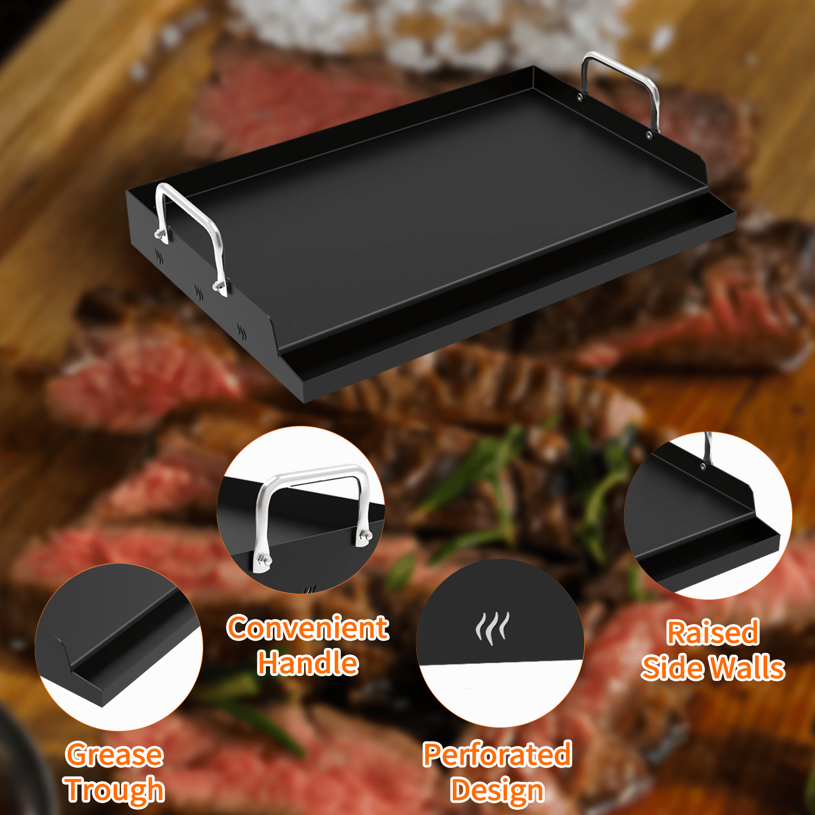 Yacona Griddle for Gas Grill, Outdoor Cast Iron Grill with Grease Trough, Nonstick Stove Top Griddle, 25＂×16＂