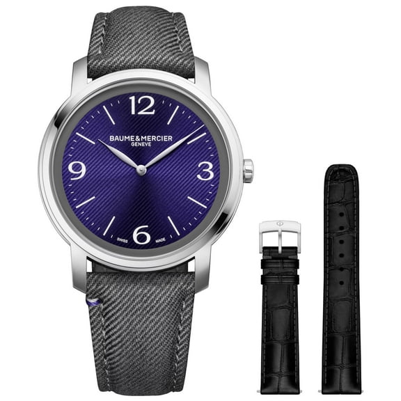 Baume & Mercier Classima Stainless Steel Violet Dial Gray Fabric Interchangeable Black Leather Strap Quartz Mens Watch M0A10706