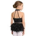 thumbnail image 3 of Doomiva Kids Girls Rhinestone Dance Crop Top and Tassel Feather Briefs Skirt 2 Piece Ballet Gym Latin Jazz Dance Outfit Black 14, 3 of 7