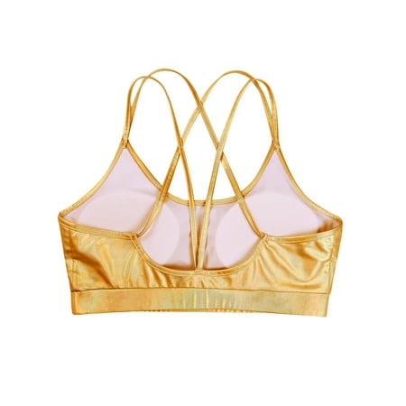 

renvena Womens Strappy Shiny Metallic Rave Dance Cropped Tops Bra Clubwear Workout Yoga Vest Shirts