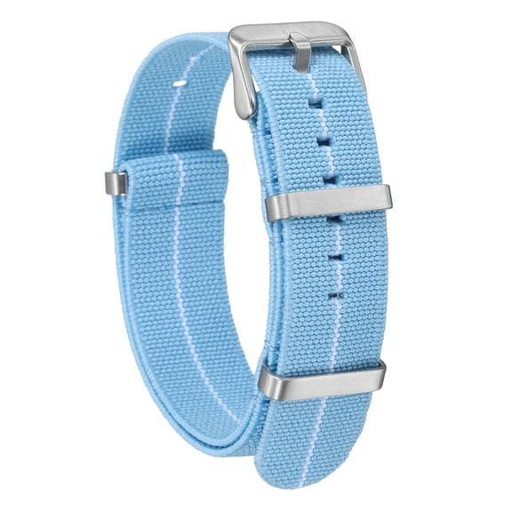 Uxcell Elastic Nylon Watch Band 20mm One-Piece French Watch Strap Waterproof Replacement Wristwatch Strap with Silver Buckle for Men Women, Light Blue/White