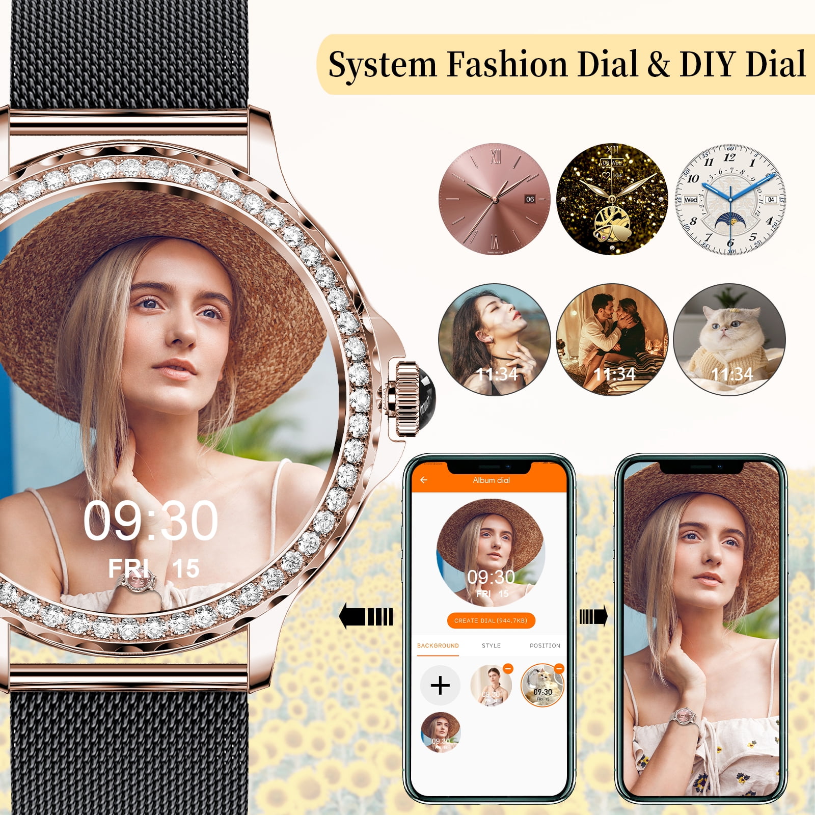 Vosoirsi NX19 Stainless Steel Gold Case with Black gold Band, 1.3 in Smartwatch