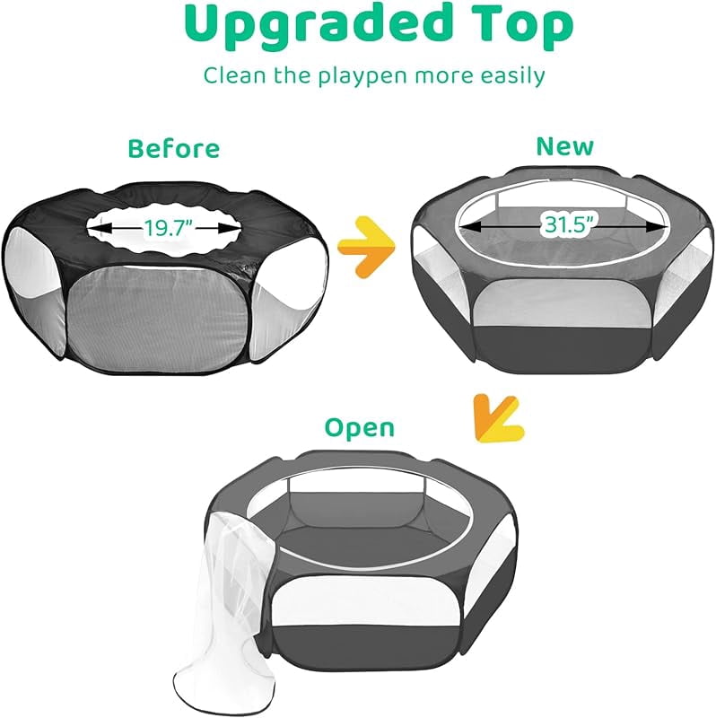 Guinea Pig Playpen with Cover, Bunny Playpen with Top, Rabbit Pop Up Playpen with Roof, Small Animal Play Pen Indoor, for Ferret/Chinchilla/Bearded Dragon/Kitten (Black)