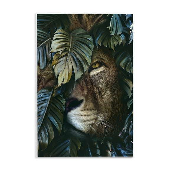 Stupell Industries Lion Peering Monstera Leaves Plants & Flowers Painting Unframed Art Print Wall Art, 10 x 15
