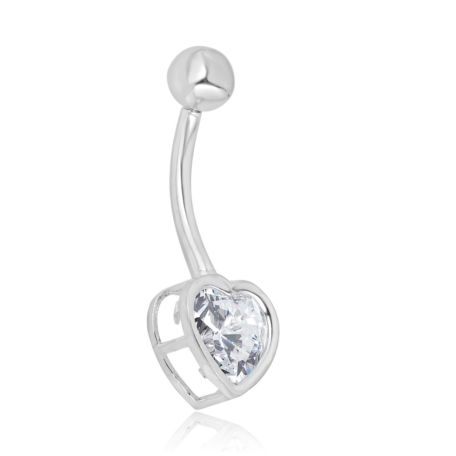 AVORA 10K White Gold Simulated Diamond CZ Bezel Heart Belly Button Ring Body Jewelry (14 Gauge)