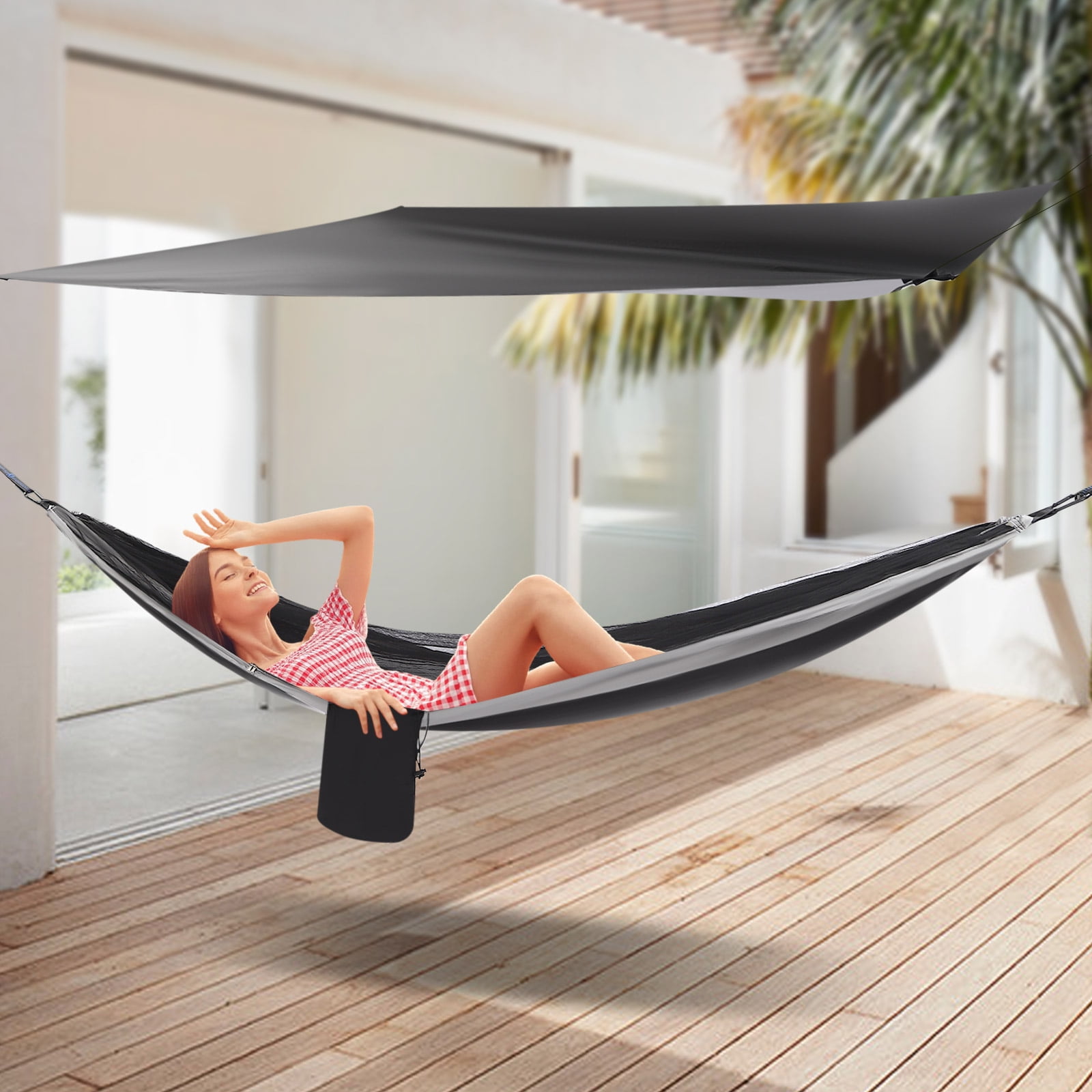 Fichiouy Camping Hammock with Net Tent and Rain Fly Tarp Portable Nylon Parachute Hammock with Heavy Duty Tree Strap Load-Bearing Capacity 200kg/440.9lbs
