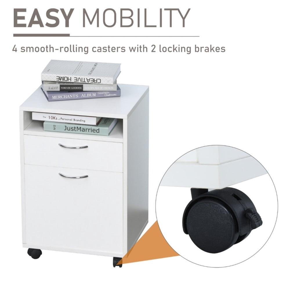 Mobile File Cabinets, 2 Drawers Office Storage Cabinet with Open Shelf, Under Desk Drawers Cabinet Pedestal Filing Cabinet, Printer Stand with Rolling Wheels and Open Storage Shelf for Home Office