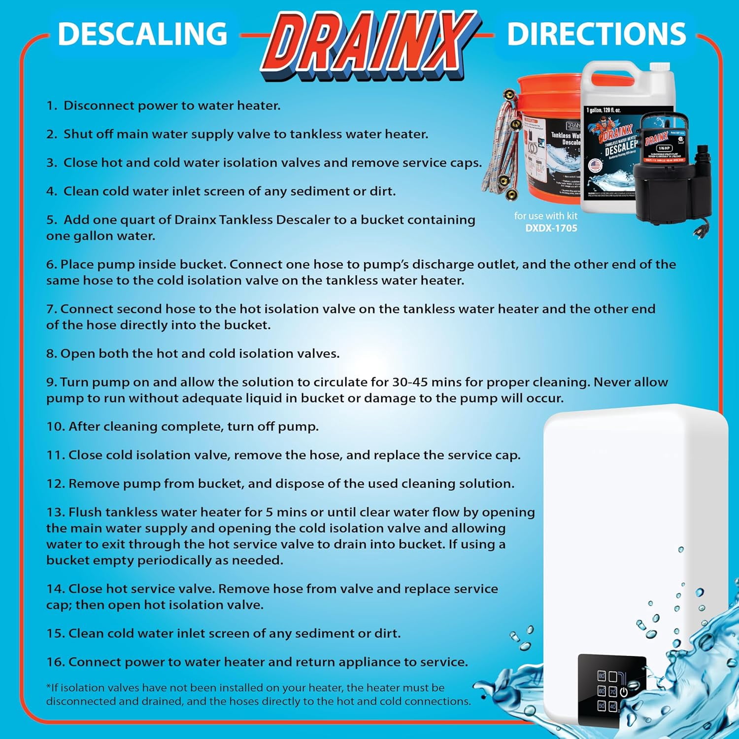DrainX Tankless Water Heater Flush Kit with 1 Gallon Descaling Solution, 1/6 HP Pump and 6 ft Hoses
