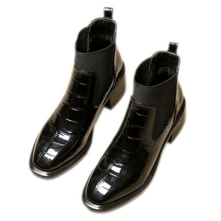 

KIJBLAE Women s Crocodile Patterned Chelsea Boots Side Elastic Square Toe Slip on Short Boots Chunky Low Heel Fashion Ankle Boots Black 35