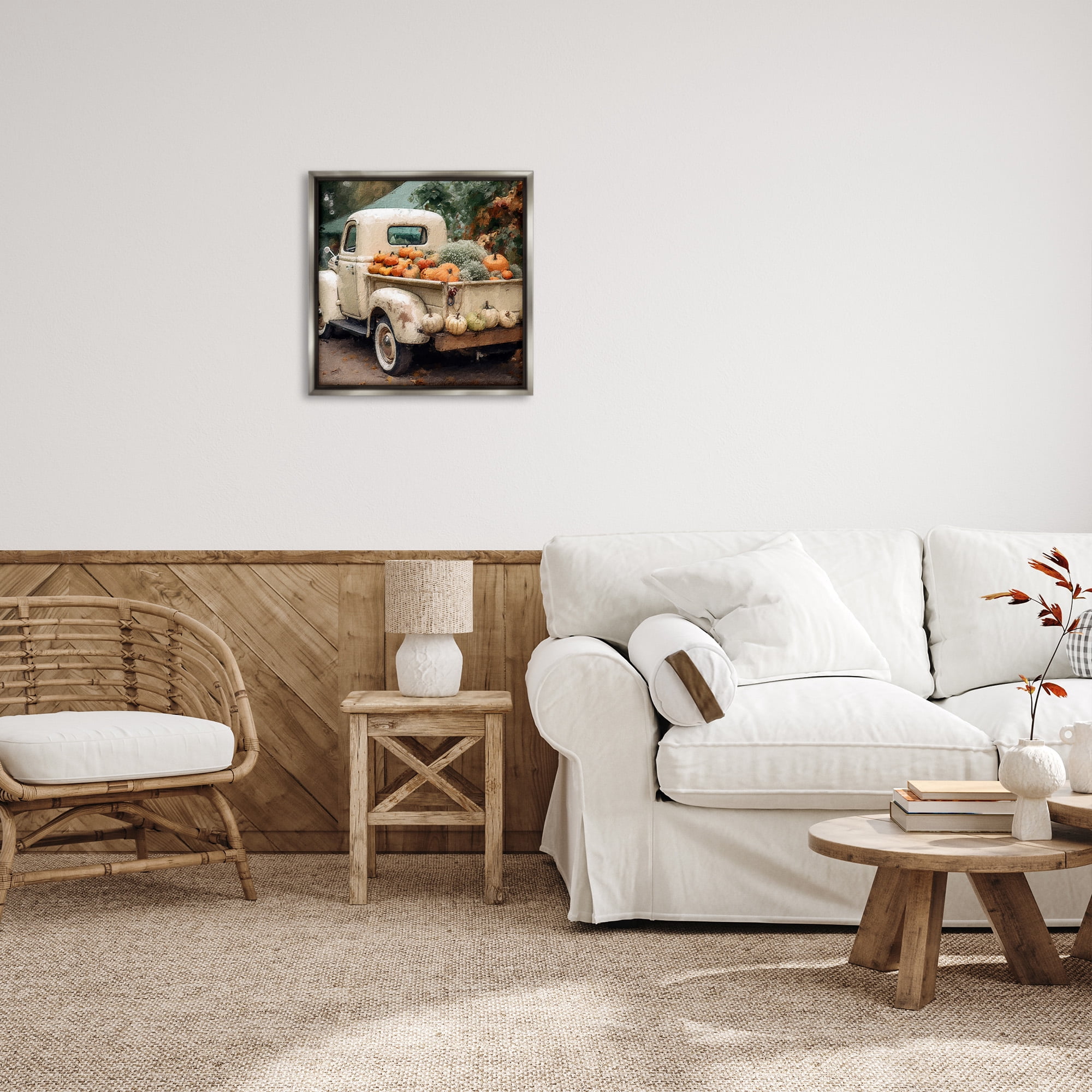 Stupell Industries Pumpkin & Gourd Truck Holiday Painting Gray Floater Framed Canvas Art Print Wall Art, 25 x 25