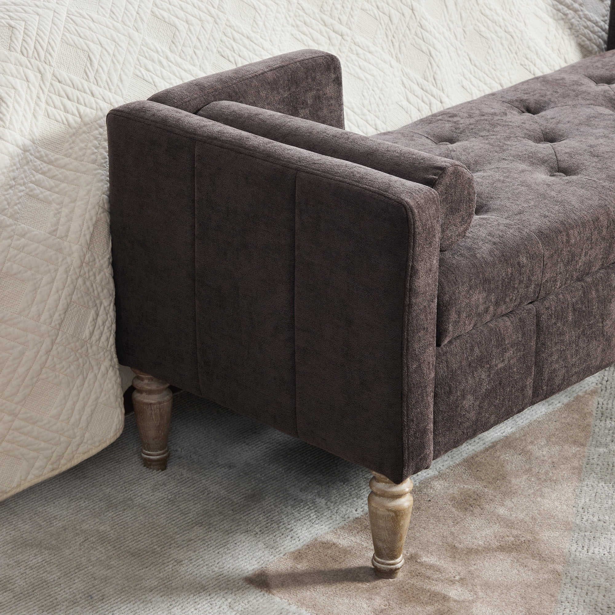 64.6"W Upholstered Chenille Flip-top Storage End of Bed Bench, Tufted Accent Footrest with Armrests&Backrest&2 Bolsters Whitewashed Rubberwood Legs for Living Room, Hallway, Entryway Bedroom