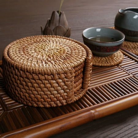 

Yin 6Pcs/Set Drink Coasters Set Round Tableware Placemat Dish Mat Rattan Weave Pad