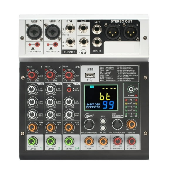 4 Channel Mixing DJ Console 99 Effect 48V Sound Audio Mixer USB PC Record Play For Home Party ,Easy to Use