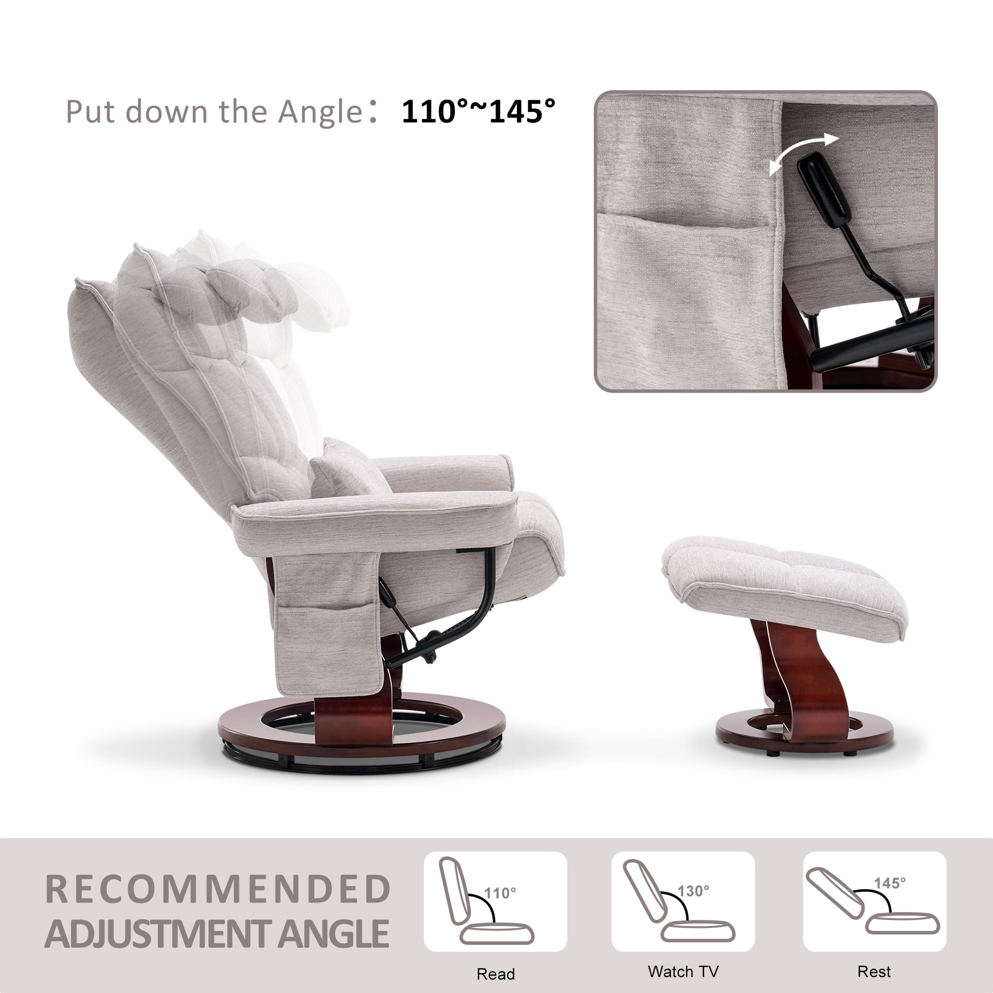 Mcombo Swivel Recliner with Ottoman, Massage TV Chairs with Neck Pillow and Side Pocket for Living Reading Room, Chenille Fabric 4188